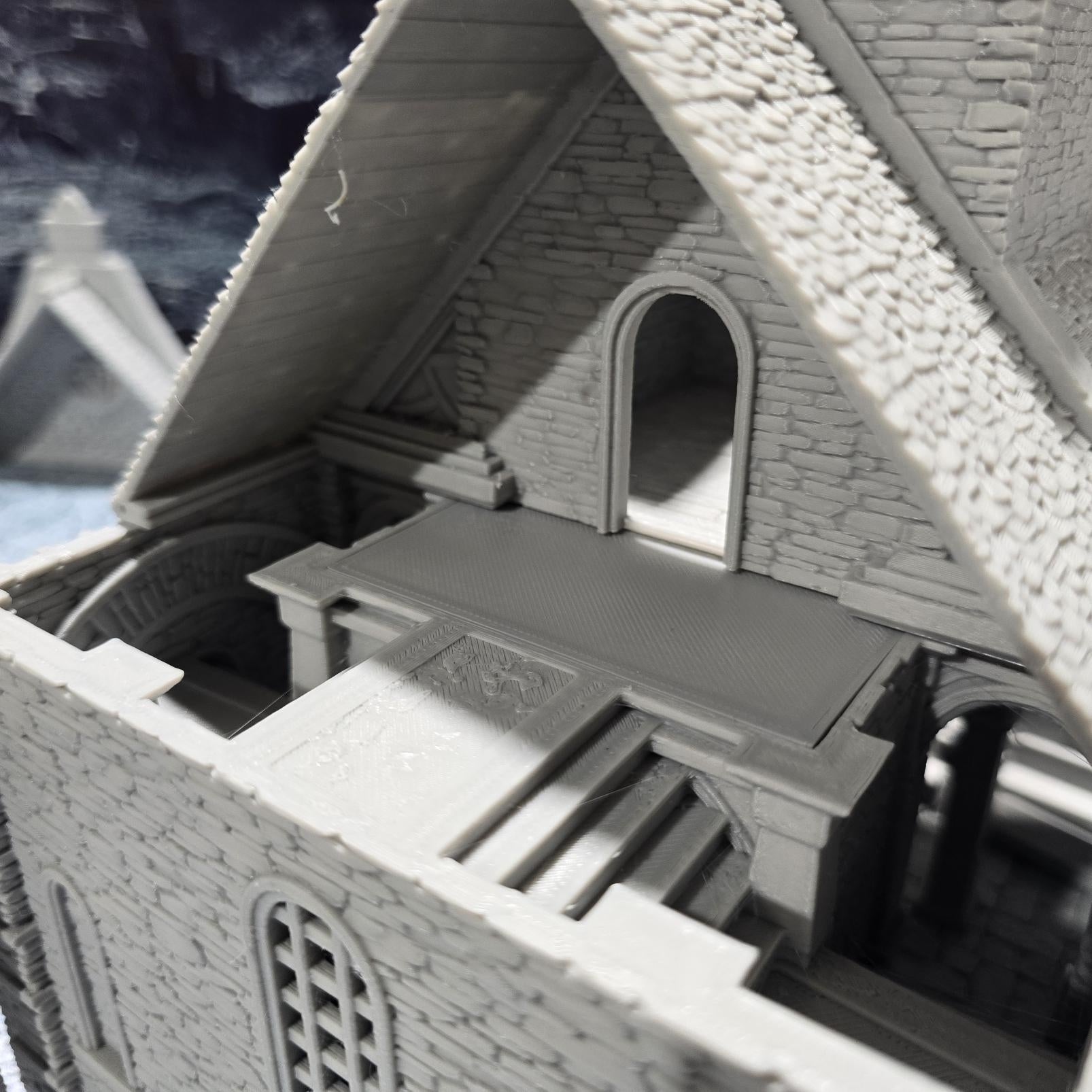 The Greendale Church of the Dale features a medieval gothic design with two angel statues and sets of pews, ideal for historical tabletop settings.