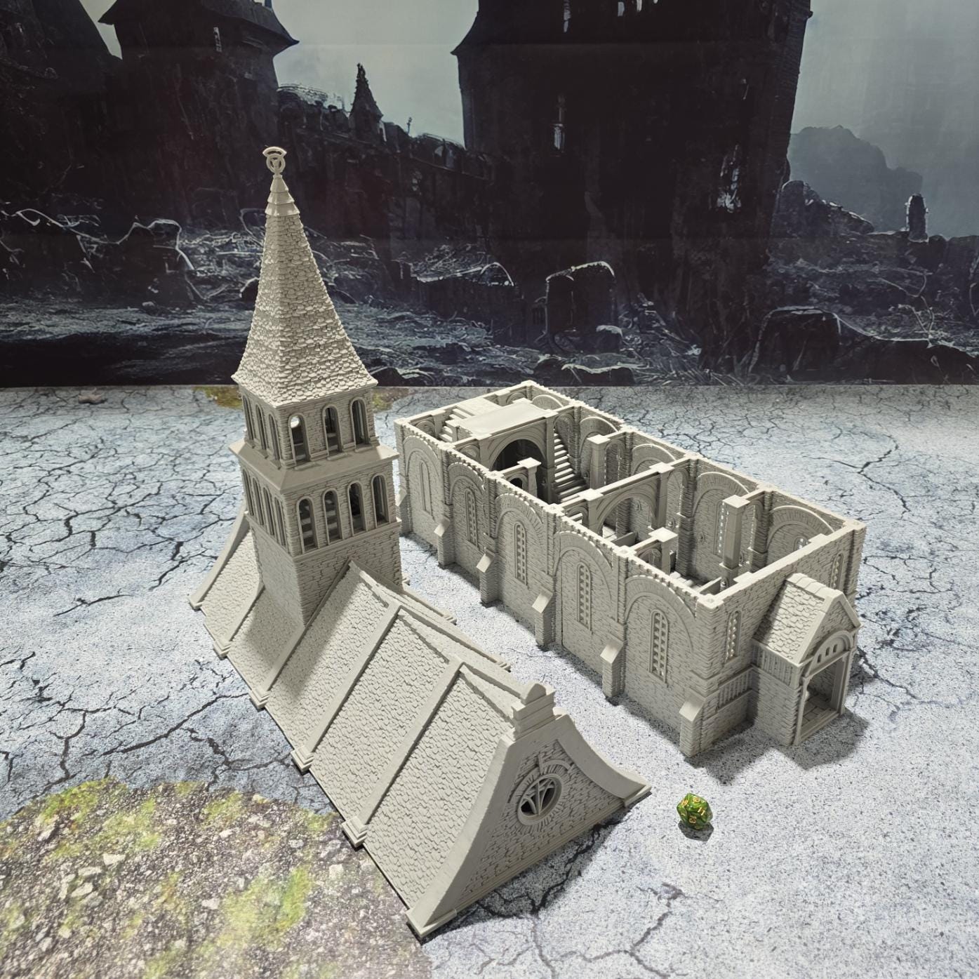 The Greendale Church of the Dale features a medieval gothic design with two angel statues and sets of pews, ideal for historical tabletop settings.