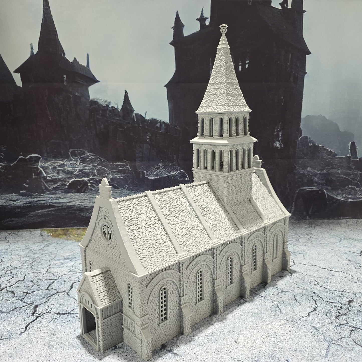 The Greendale Church of the Dale features a medieval gothic design with two angel statues and sets of pews, ideal for historical tabletop settings.