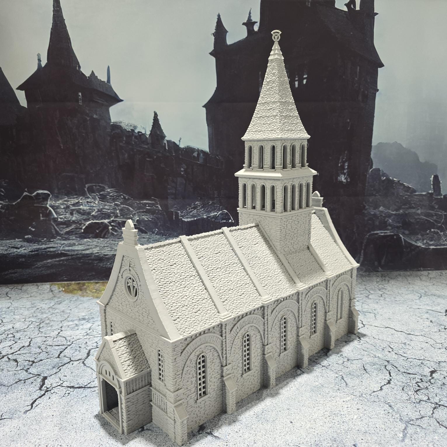 The Greendale Church of the Dale features a medieval gothic design with two angel statues and sets of pews, ideal for historical tabletop settings.