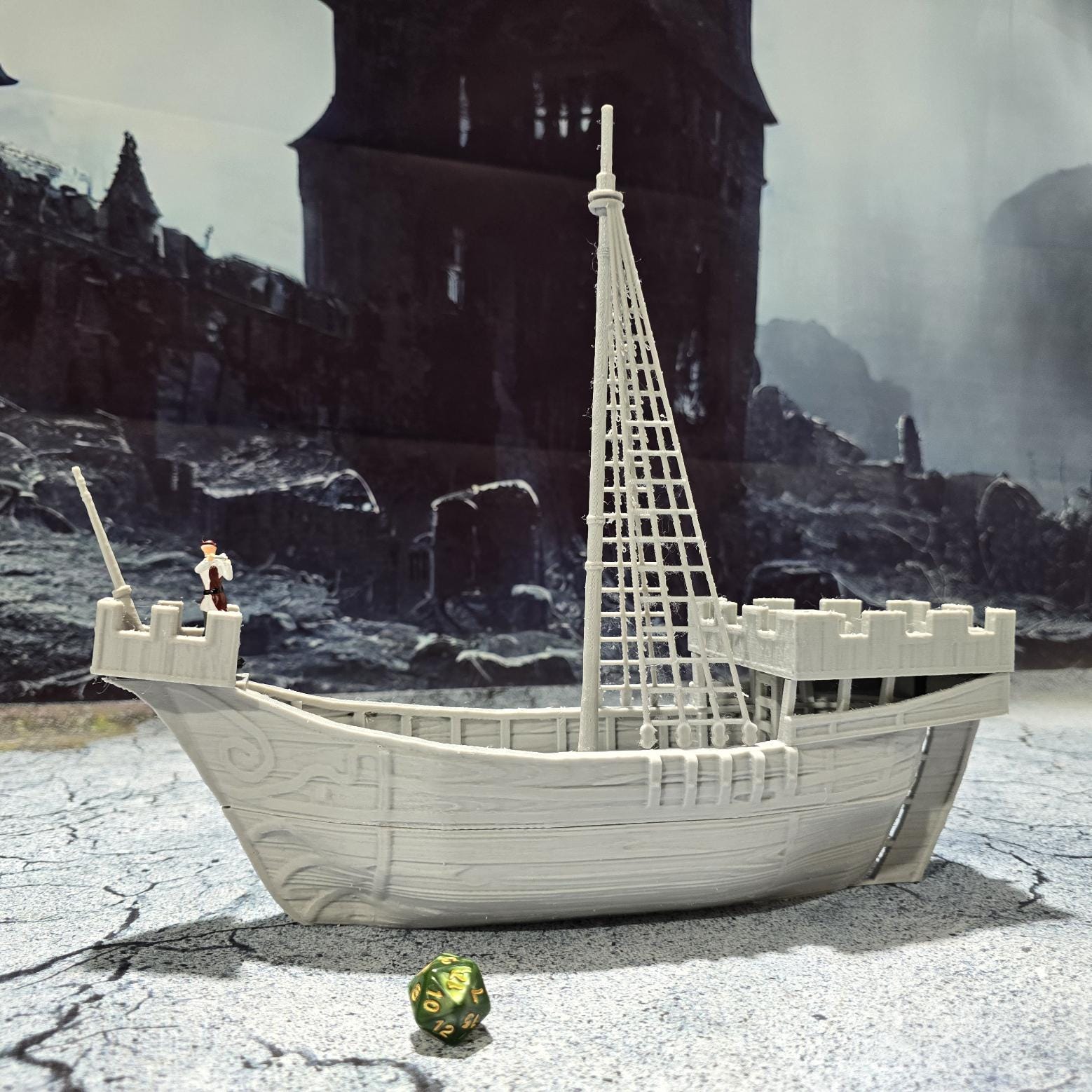 Detailed 3D printed model of a medieval cog ship with a mast, sail, and realistic deck features, perfect for tabletop gaming scenarios.