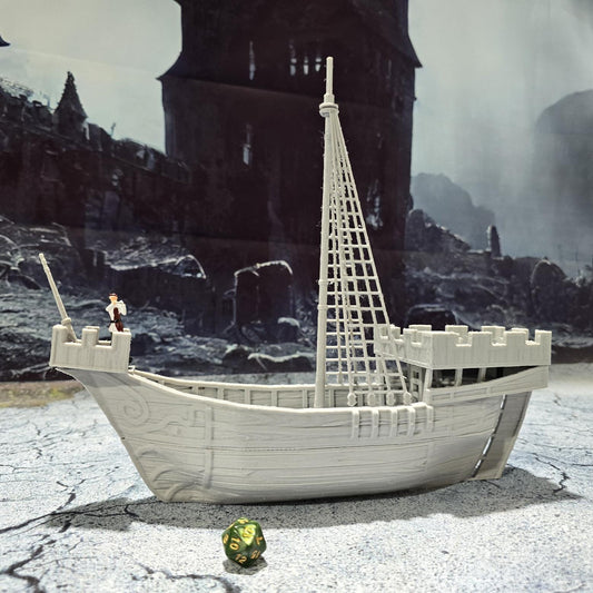 Detailed 3D printed model of a medieval cog ship with a mast, sail, and realistic deck features, perfect for tabletop gaming scenarios.