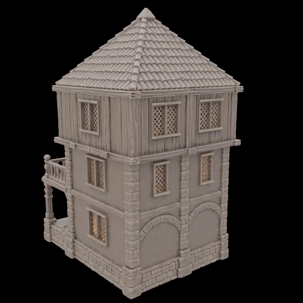 A modular 3-story medieval house model for tabletop RPGs and dioramas. The detailed structure features removable floors, a stone porch, wooden walls, and lattice windows. Ideal for enhancing fantasy or historical gaming environments.