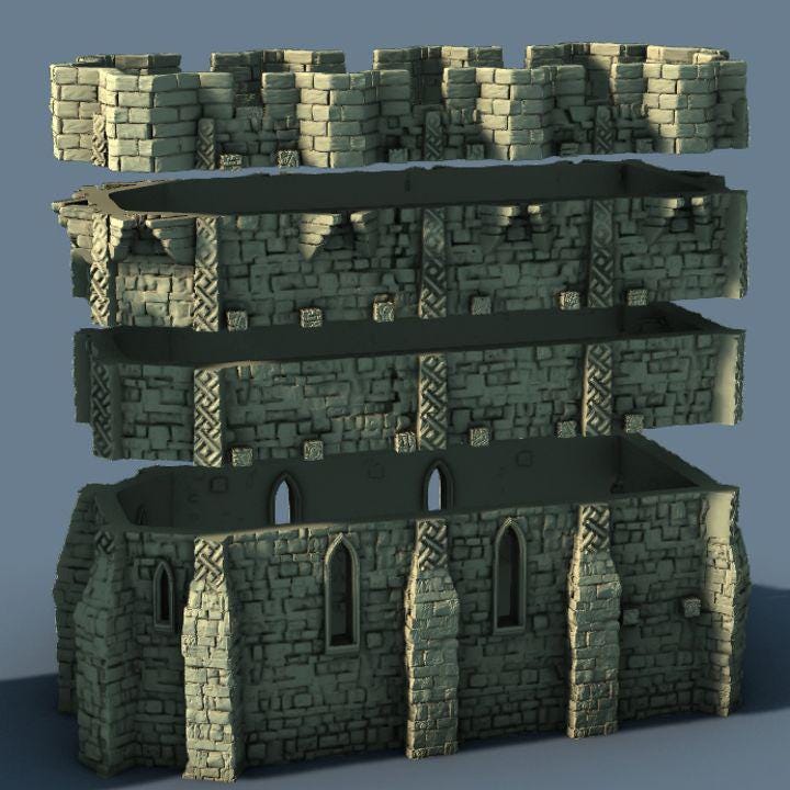 This fortified medieval church is a multi-level structure with intricate stonework, battlements, and arched windows. Perfect for tabletop RPGs and wargames, the model features detailed textures and ample space