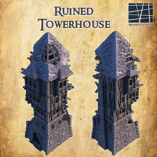 Explore the mysteries of the Ruined Towerhouse, a medieval fantasy structure with intricate decay, perfect for adding depth to your tabletop gaming experiences.