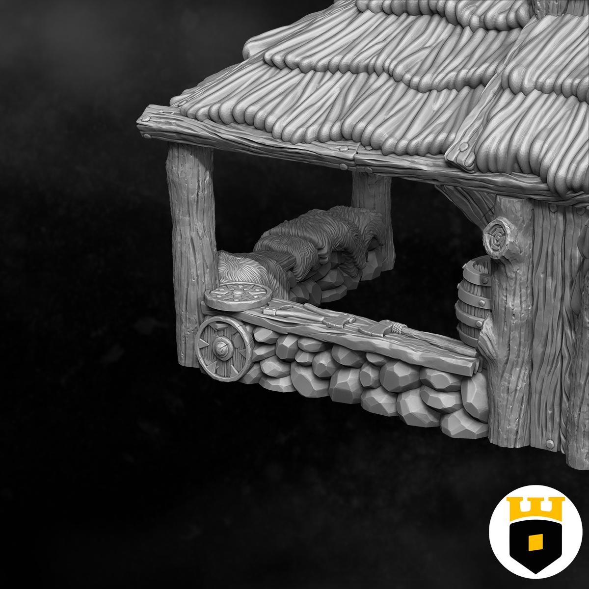 Detailed Viking Market Building model featuring medieval architecture with thatched roofs and wood textures, perfect for tabletop RPGs and historical dioramas.