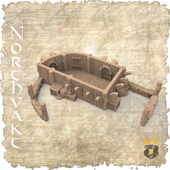 Detailed Viking Market Building model featuring medieval architecture with thatched roofs and wood textures, perfect for tabletop RPGs and historical dioramas.