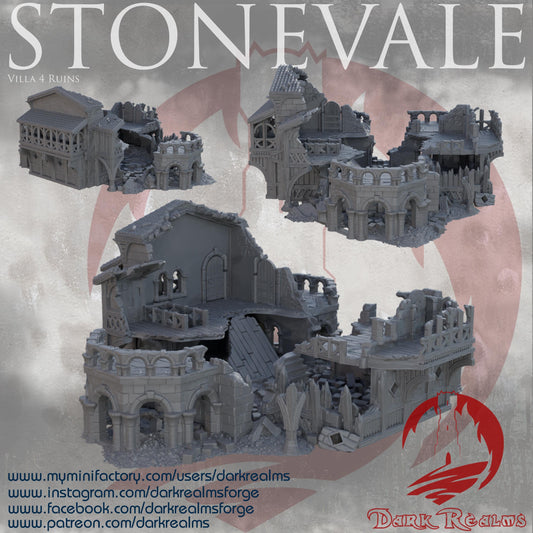 Explore the Stonevale Villa Ruins, featuring detailed medieval architecture with crumbling walls and gothic elements, perfect for tabletop RPGs and historical dioramas.