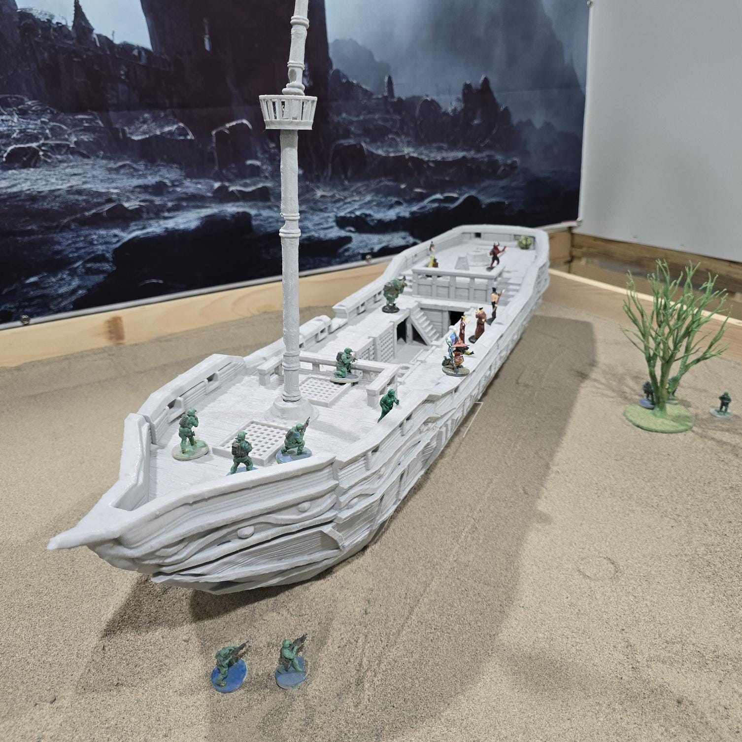 A detailed pirate slave ship model featuring three masts with skull and crossbones sails, wooden textures, and multiple playable levels, including a mid-deck with slave cells, perfect for historical and fantasy tabletop games.