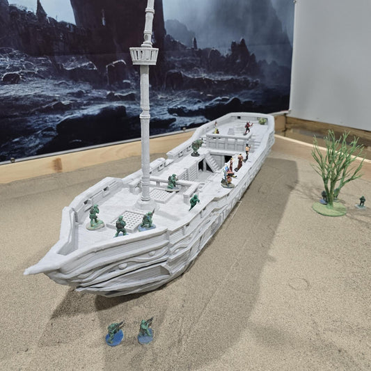 A detailed pirate slave ship model featuring three masts with skull and crossbones sails, wooden textures, and multiple playable levels, including a mid-deck with slave cells, perfect for historical and fantasy tabletop games.