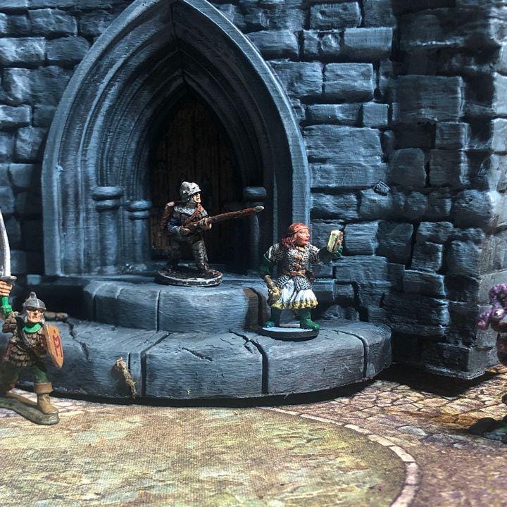 This fortified medieval church is a multi-level structure with intricate stonework, battlements, and arched windows. Perfect for tabletop RPGs and wargames, the model features detailed textures and ample space