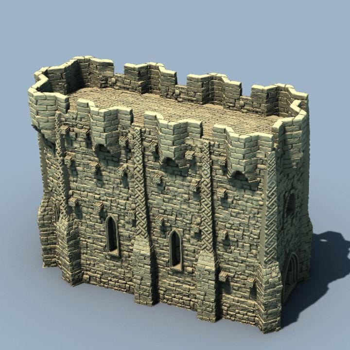 This fortified medieval church is a multi-level structure with intricate stonework, battlements, and arched windows. Perfect for tabletop RPGs and wargames, the model features detailed textures and ample space