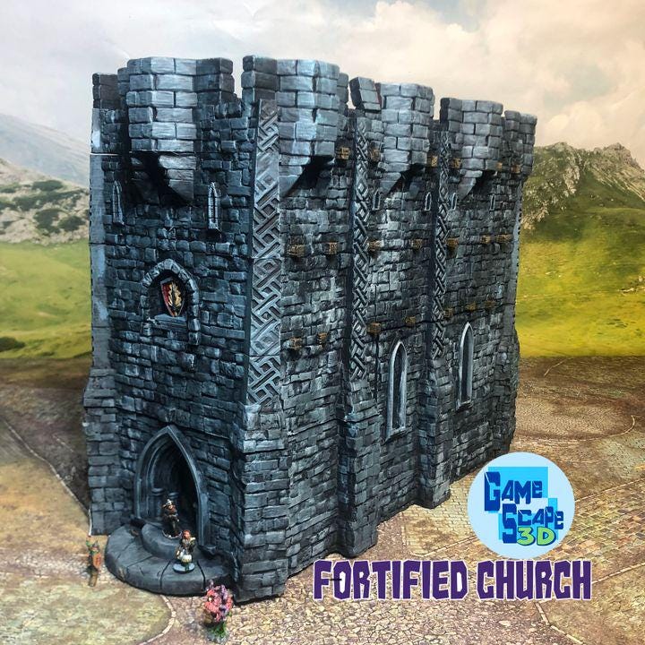 This fortified medieval church is a multi-level structure with intricate stonework, battlements, and arched windows. Perfect for tabletop RPGs and wargames, the model features detailed textures and ample space