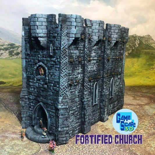 This fortified medieval church is a multi-level structure with intricate stonework, battlements, and arched windows. Perfect for tabletop RPGs and wargames, the model features detailed textures and ample space