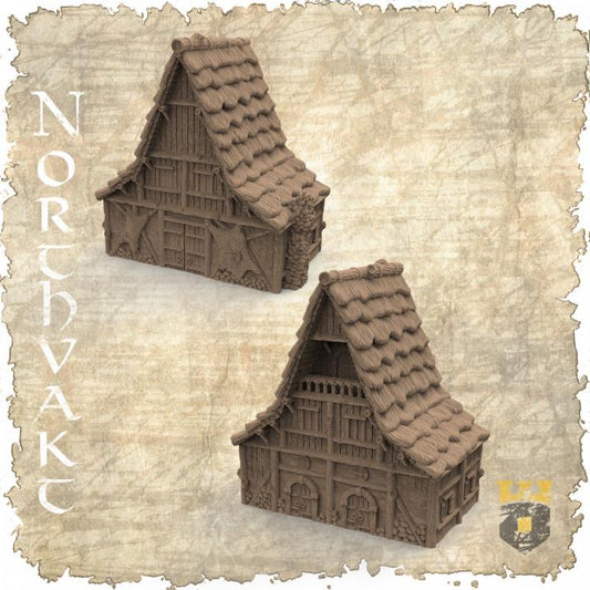 Medieval guildhouse with detailed interiors, perfect for RPG and wargaming scenes. Designed by 3DLayeredScenery, crafted using advanced 3D printing.