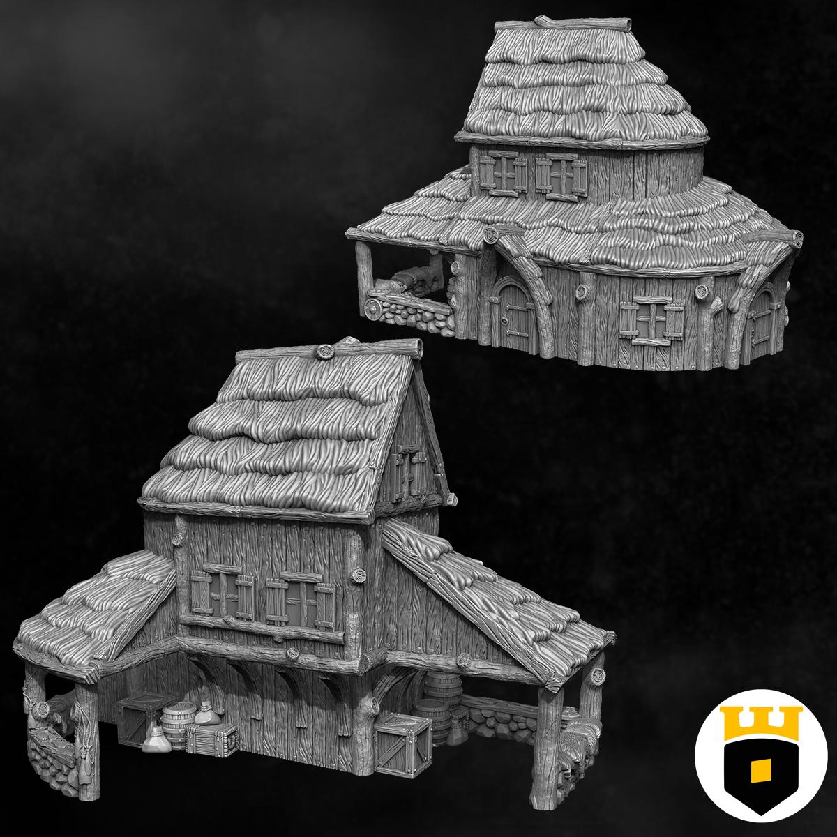 Detailed Viking Market Building model featuring medieval architecture with thatched roofs and wood textures, perfect for tabletop RPGs and historical dioramas.