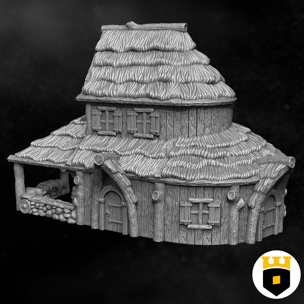 Detailed Viking Market Building model featuring medieval architecture with thatched roofs and wood textures, perfect for tabletop RPGs and historical dioramas.