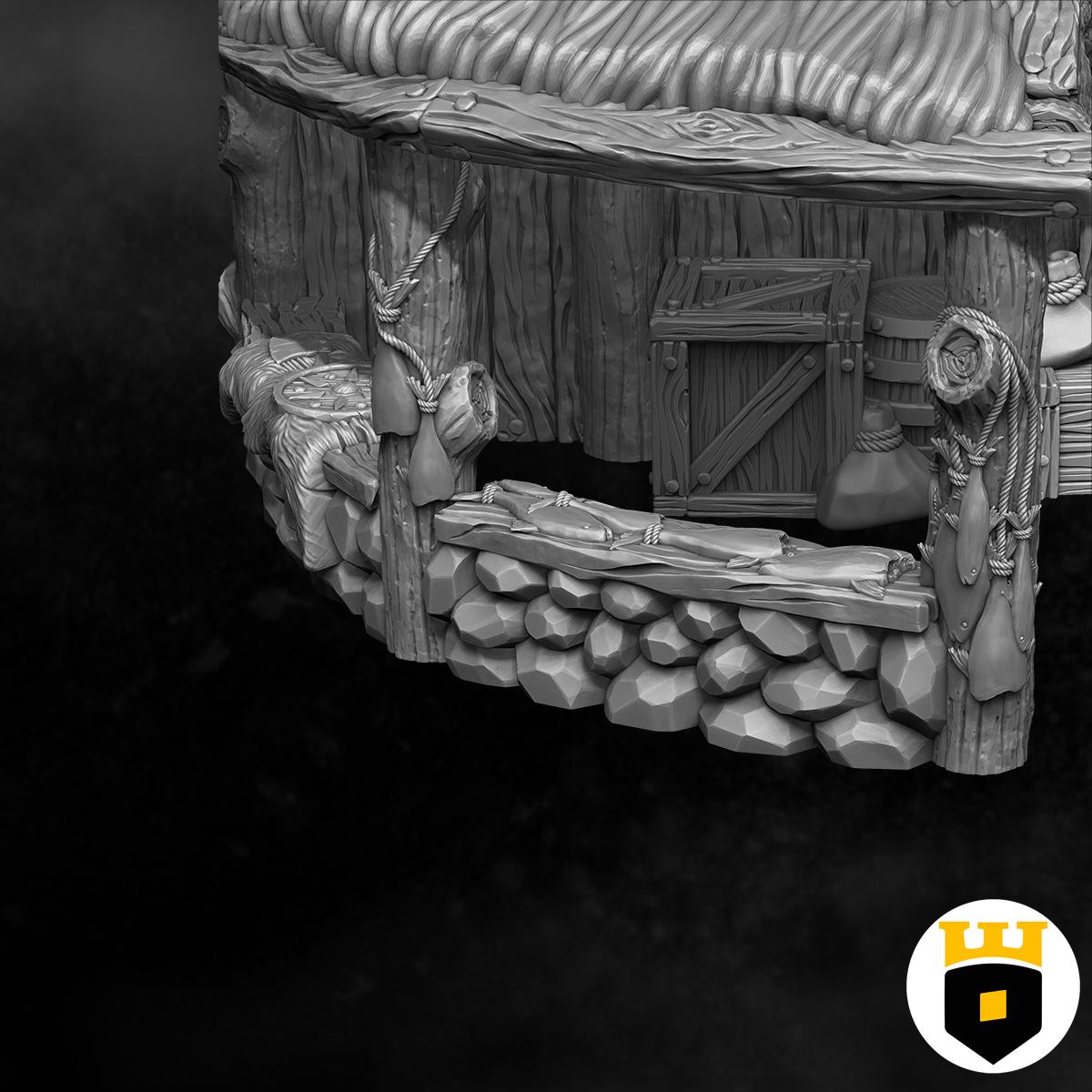 Detailed Viking Market Building model featuring medieval architecture with thatched roofs and wood textures, perfect for tabletop RPGs and historical dioramas.
