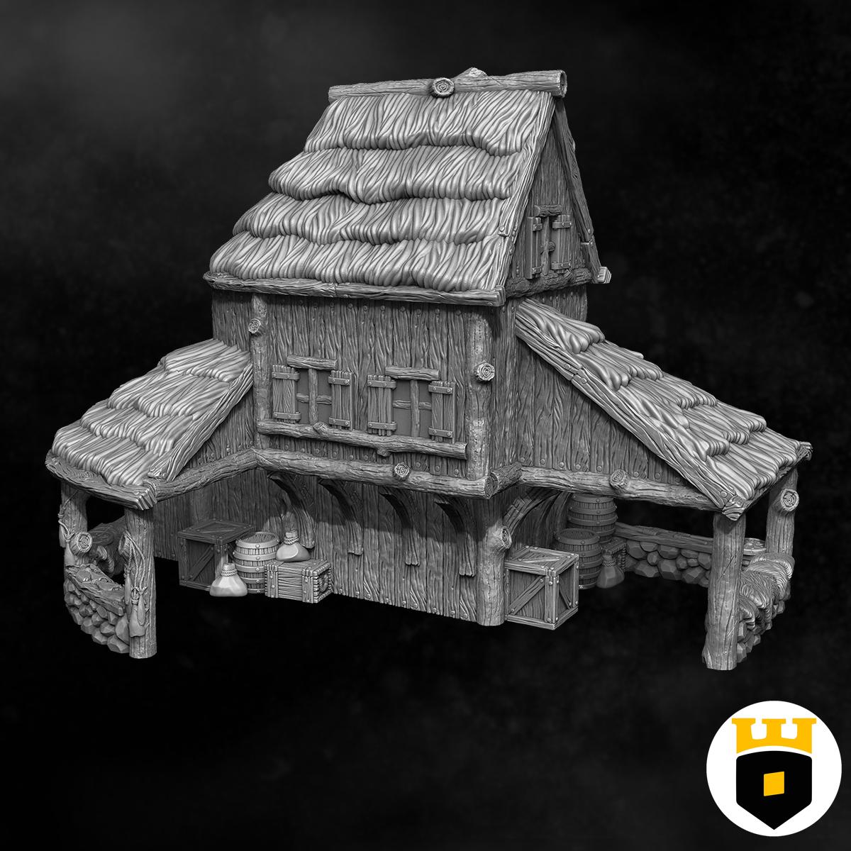 Detailed Viking Market Building model featuring medieval architecture with thatched roofs and wood textures, perfect for tabletop RPGs and historical dioramas.