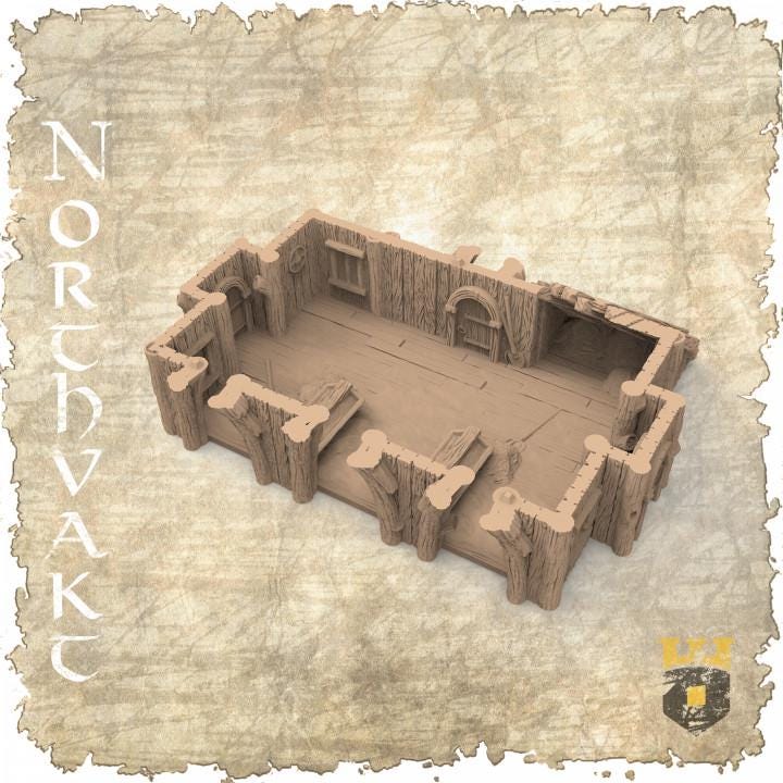 Detailed 3D printed Viking Era Stable, perfect for medieval dioramas and fantasy tabletop games, featuring historical Viking architecture with wooden beams and thatched roof.