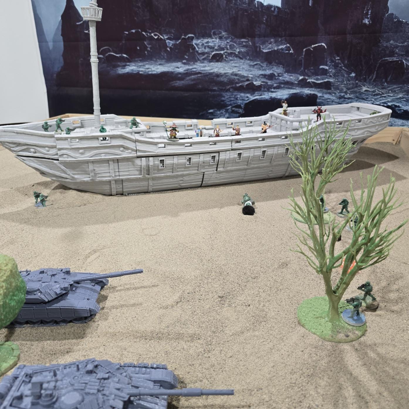 A detailed pirate slave ship model featuring three masts with skull and crossbones sails, wooden textures, and multiple playable levels, including a mid-deck with slave cells, perfect for historical and fantasy tabletop games.