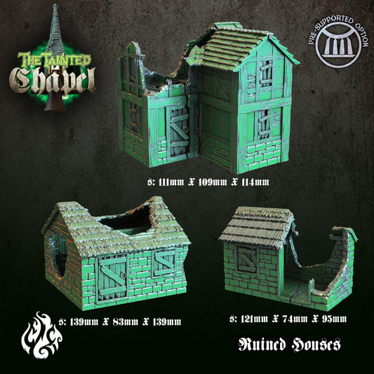 Discover The Tainted Chapel: a set of three gothic ruined houses designed to bring a touch of mystery and ancient allure to your fantasy and historical tabletop games.