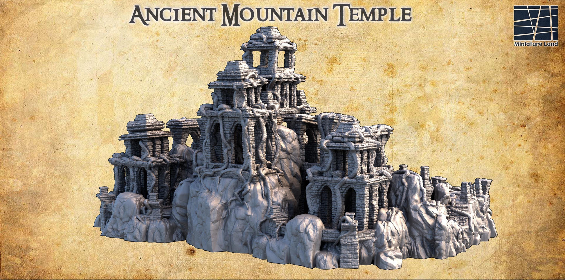 Explore ancient myths with this 3D printed Ancient Mountain Temple, featuring four detailed, stackable floors perfect for historical or fantasy tabletop games.