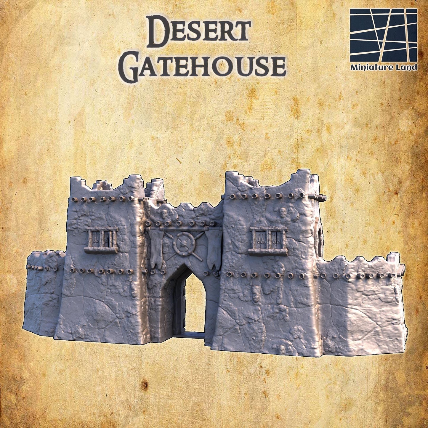 This Desert Gatehouse model captures the essence of medieval fortifications with detailed stone textures and defensive features, perfect for tabletop gaming and dioramas.