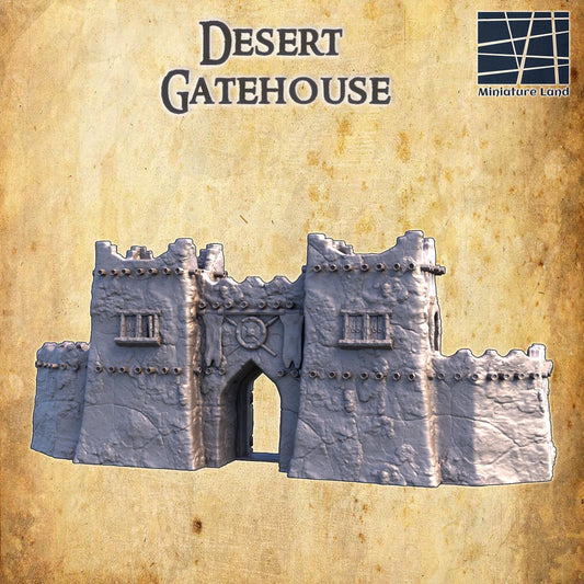 This Desert Gatehouse model captures the essence of medieval fortifications with detailed stone textures and defensive features, perfect for tabletop gaming and dioramas.