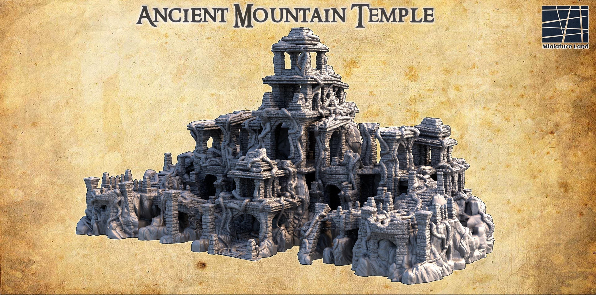 Explore ancient myths with this 3D printed Ancient Mountain Temple, featuring four detailed, stackable floors perfect for historical or fantasy tabletop games.