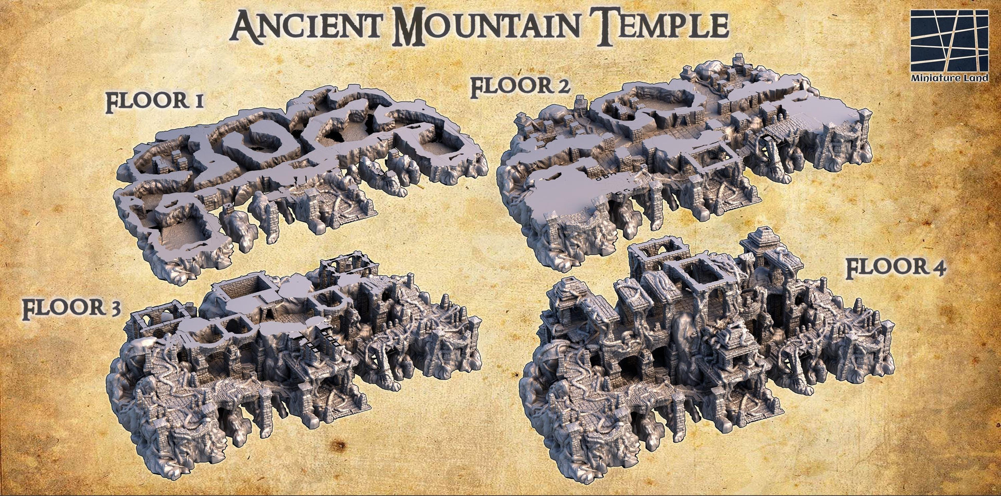 Explore ancient myths with this 3D printed Ancient Mountain Temple, featuring four detailed, stackable floors perfect for historical or fantasy tabletop games.