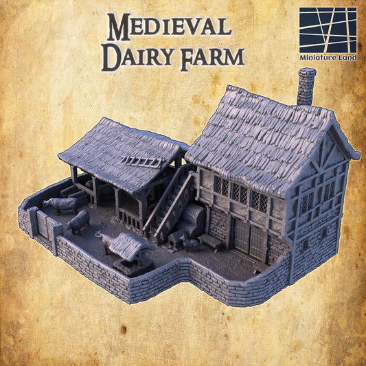 Explore our Medieval Dairy Farm model, featuring a farmhouse with stable and detailed accessories, crafted using advanced 3D printing technology for historical and fantasy tabletop games.