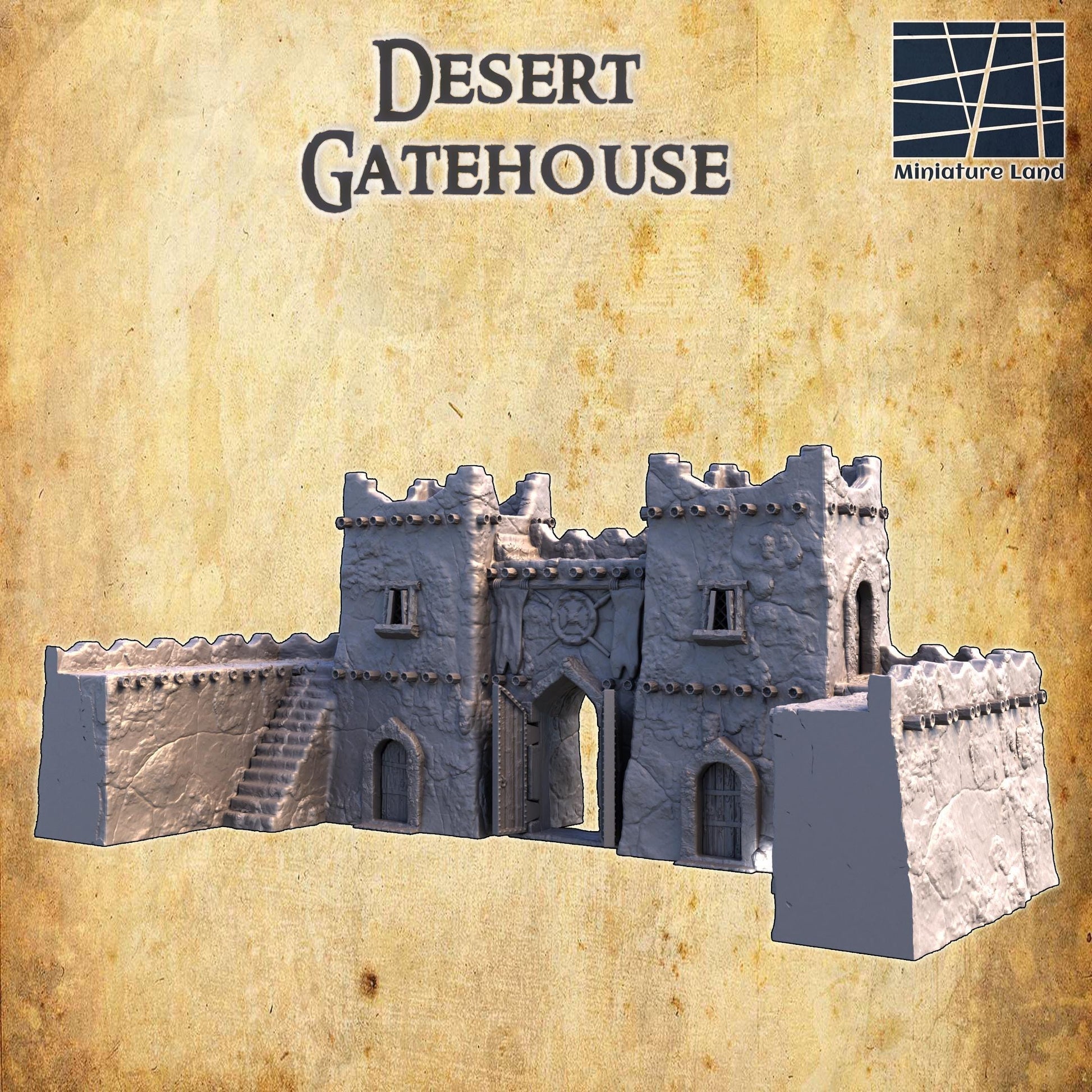 This Desert Gatehouse model captures the essence of medieval fortifications with detailed stone textures and defensive features, perfect for tabletop gaming and dioramas.