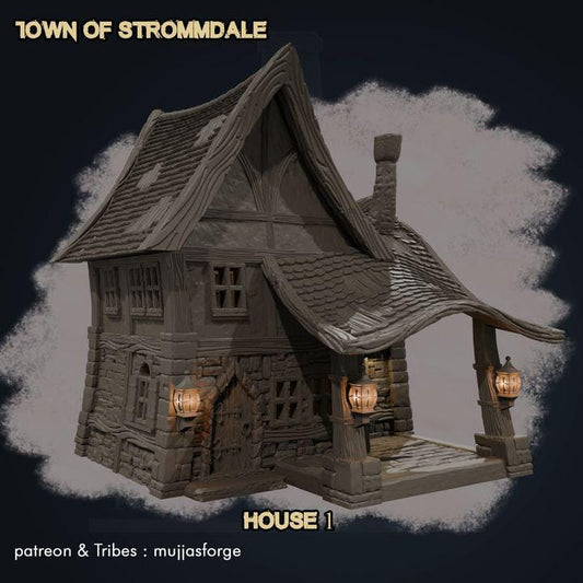 A quaint Medieval Cottage from the Town of Strommdale series, featuring a unique curved roof, stone-and-timber construction, and a fully detailed interior. Modular design allows for versatile use in tabletop RPGs and skirmish games.