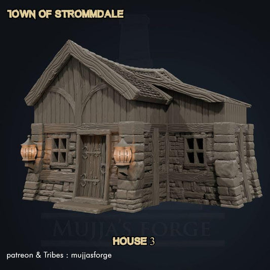 A quaint Medieval Cabin from the Town of Strommdale series, featuring a blend of stone and timber construction with warm lantern details. Modular design makes it ideal for tabletop RPGs and skirmish games.