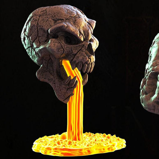 A set of molten lava terrain pieces, including a skull lava fountain, bubbling magma pools, flowing lava formations, and scorched ground patches. Perfect for RPGs and wargames to enhance dramatic battlefields.