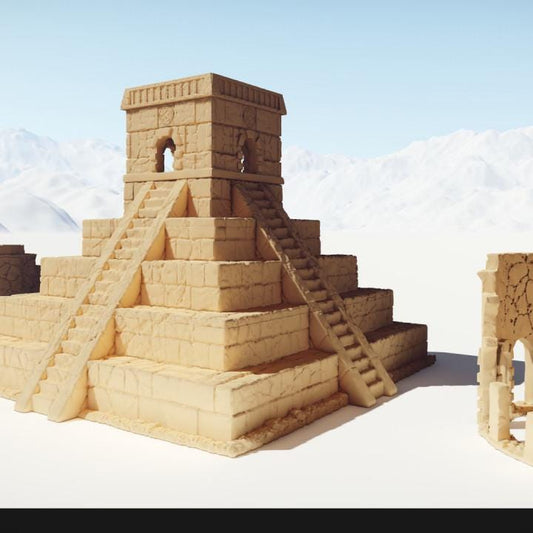 A detailed view of the Ancient Temple Ruins set, featuring a large pyramid, smaller temples, and scattered columns, perfect for RPG and historical settings.