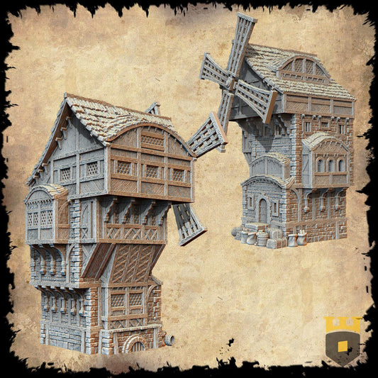 Medieval Great Mill model with functional windmill blades, multi-level access, and highly detailed design. Perfect for RPG and wargaming