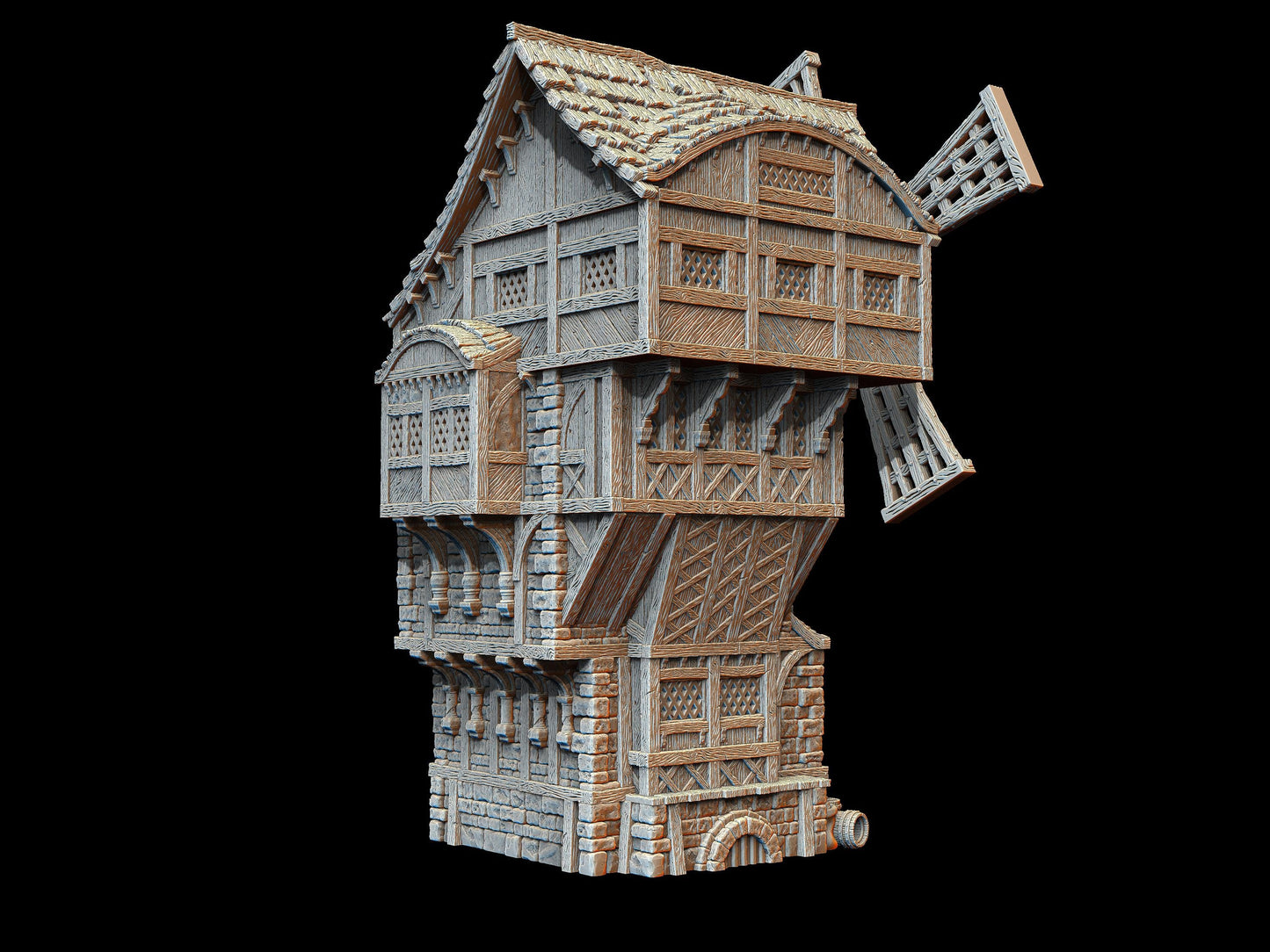 Medieval Great Mill model with functional windmill blades, multi-level access, and highly detailed design. Perfect for RPG and wargaming
