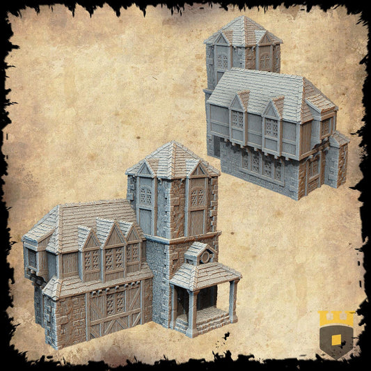 Detailed model of a Medieval Library House featuring Tudor architecture with textured wooden and stone elements, suitable for fantasy and historical tabletop games.