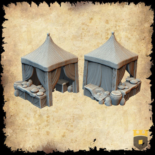 Covered Market Tents Set: Medieval Pottery Merchant's Setup - Tabletop RPG Scenery, Handcrafted Textile Detail