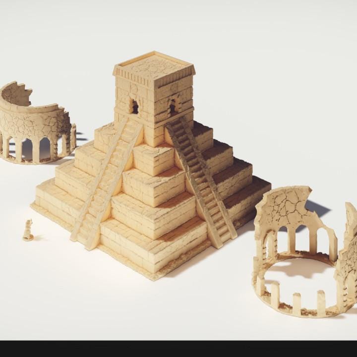 A detailed view of the Ancient Temple Ruins set, featuring a large pyramid, smaller temples, and scattered columns, perfect for RPG and historical settings.