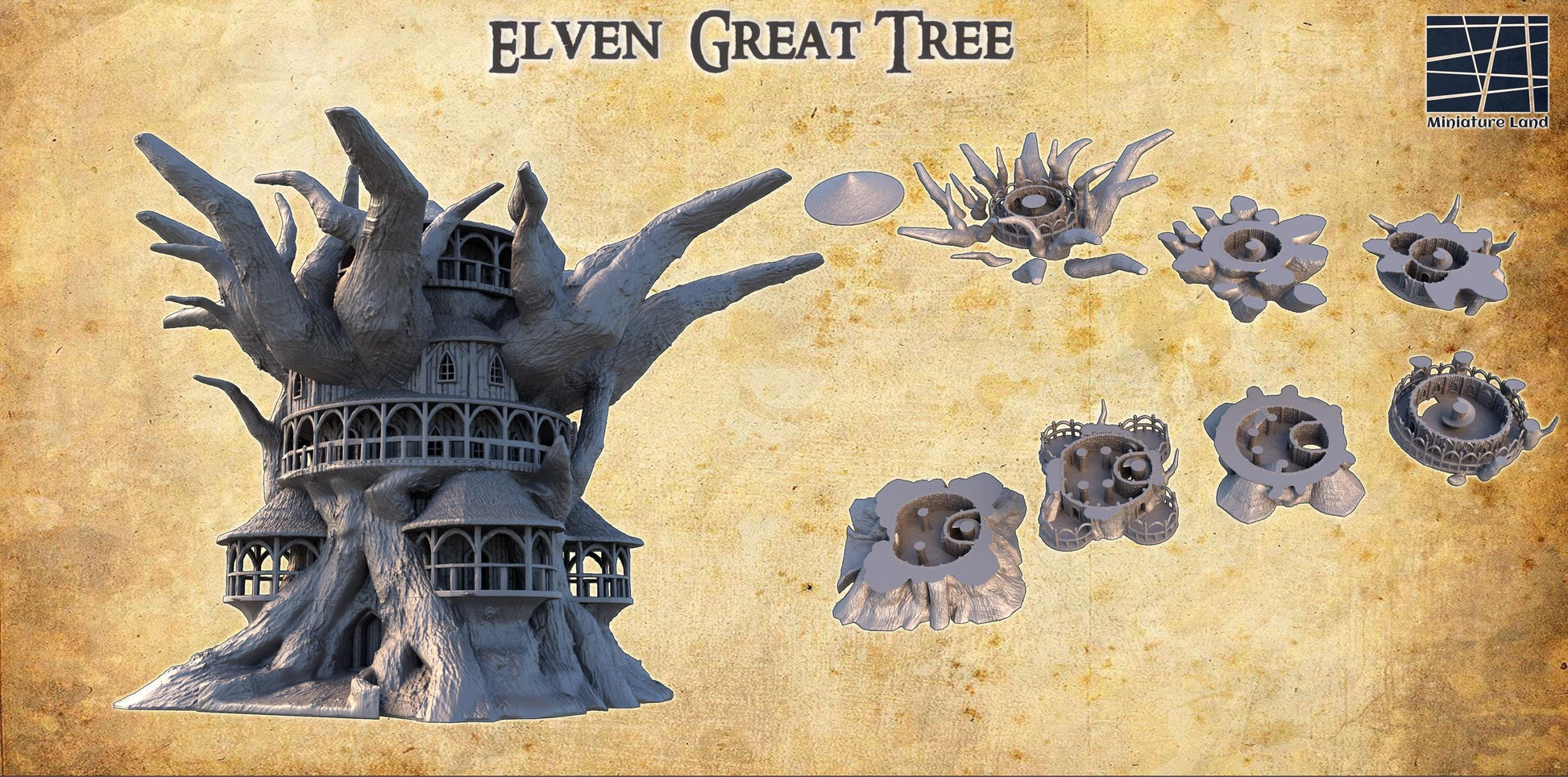 Explore the mystical Elven Great Tree, a 3D-printed marvel designed for fantasy tabletop games, featuring multi-level play areas and intricate elven architecture.