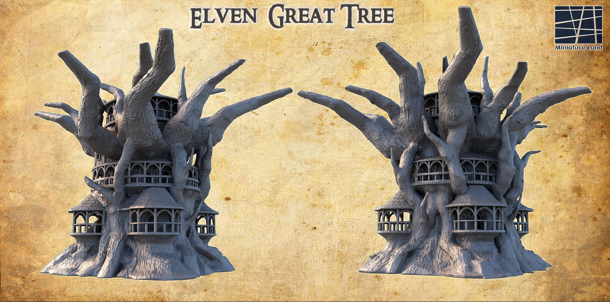 Explore the mystical Elven Great Tree, a 3D-printed marvel designed for fantasy tabletop games, featuring multi-level play areas and intricate elven architecture.