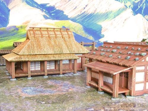 Intricately detailed miniature Samurai Farmhouse set featuring traditional Japanese farmhouses, accessories, and landscape elements.