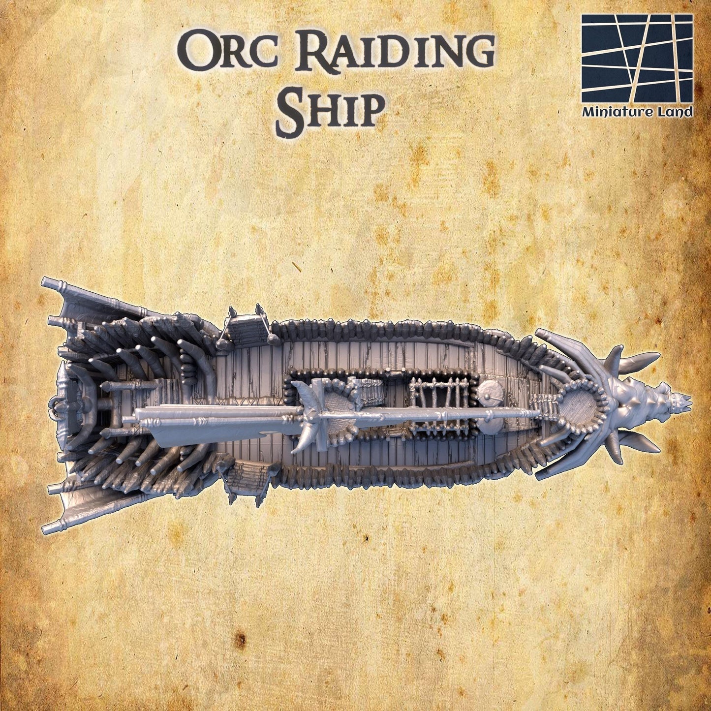 Detailed model of an Orc Raiding Ship with defensive features and a dragon prow, ideal for fantasy wargaming.