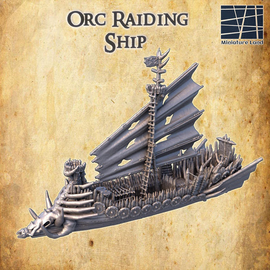 Detailed model of an Orc Raiding Ship with defensive features and a dragon prow, ideal for fantasy wargaming.