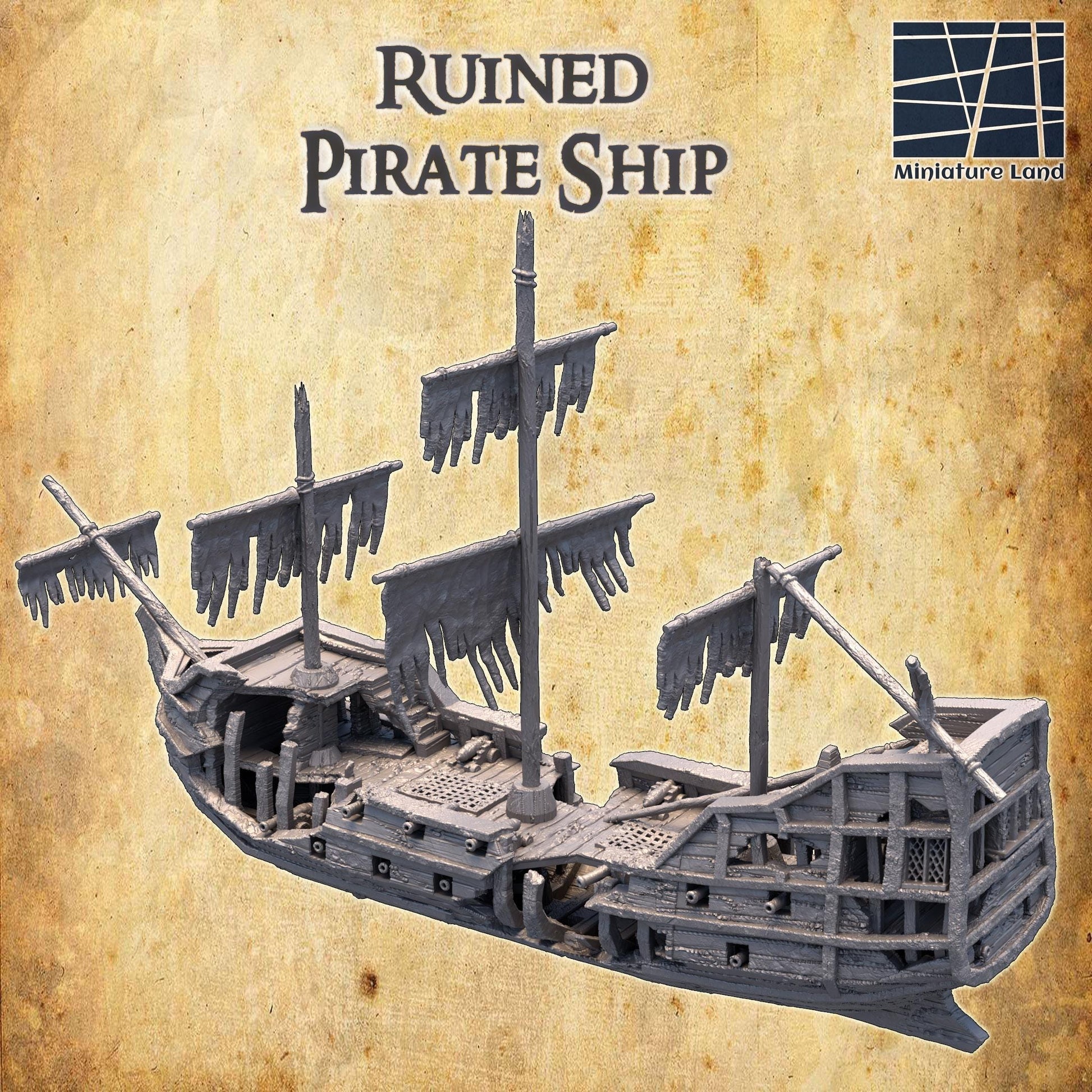 Detailed model of a Ruined Pirate Ship with historical design and realistic battle damage, perfect for tabletop RPGs and historical dioramas.