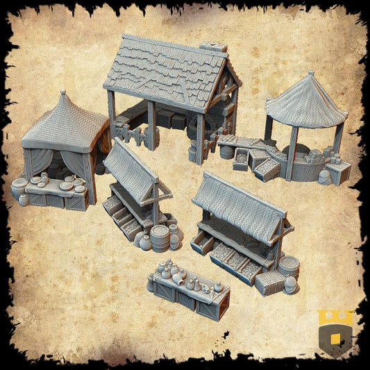 Medieval Market Stalls: Renaissance Era - 28mm Merchant and Trade Setup for Fantasy RPGs and Historical Scenarios