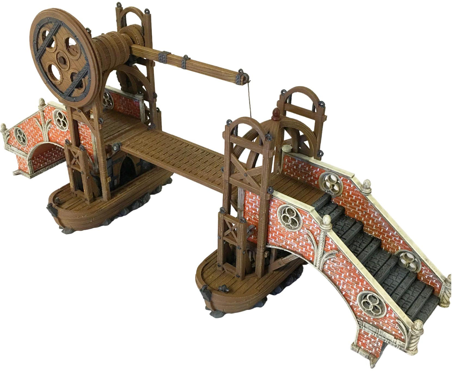Detailed Renaissance-style mechanical bridge and water wheel model, showcasing ornate brickwork and functional design, perfect for educational use and historical dioramas.